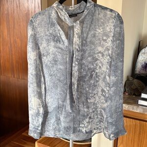 AKRIS  Silk Marble Tie-Neck Snap Down Long Sleeve Blouse